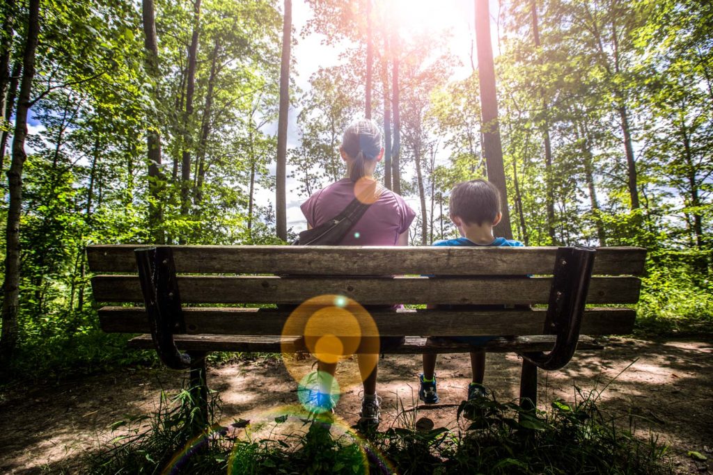 Image of the backs of a woman and boy sitting on a bench looking at the forested scene with lens flare